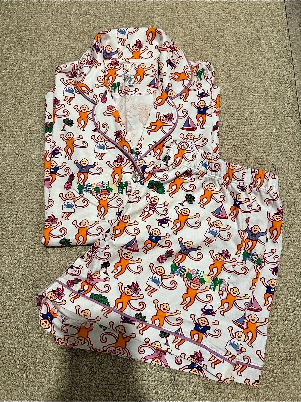Roller Rabbit Monkey Pajamas Charleston Monkey Print Cotton Pajama Set Small NWO